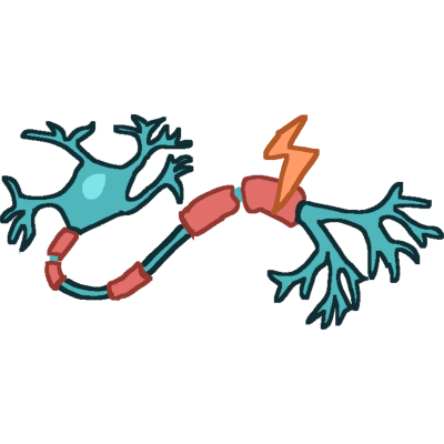 A nerve cell with missing myelin sheaths and an electricity symbol over one of them